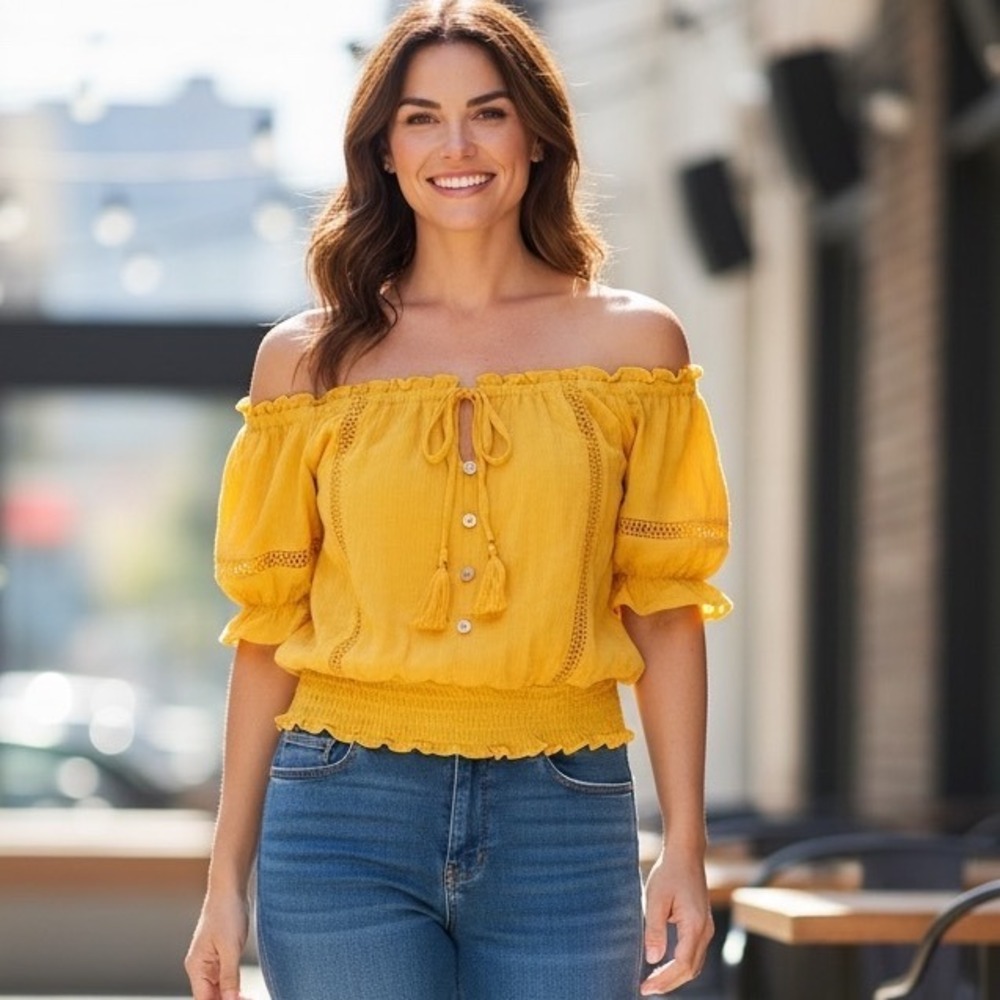 BP Mustard‎ Yellow Off The Shoulder Boho Chic Smocked Peasant Blouse Cottagecore
